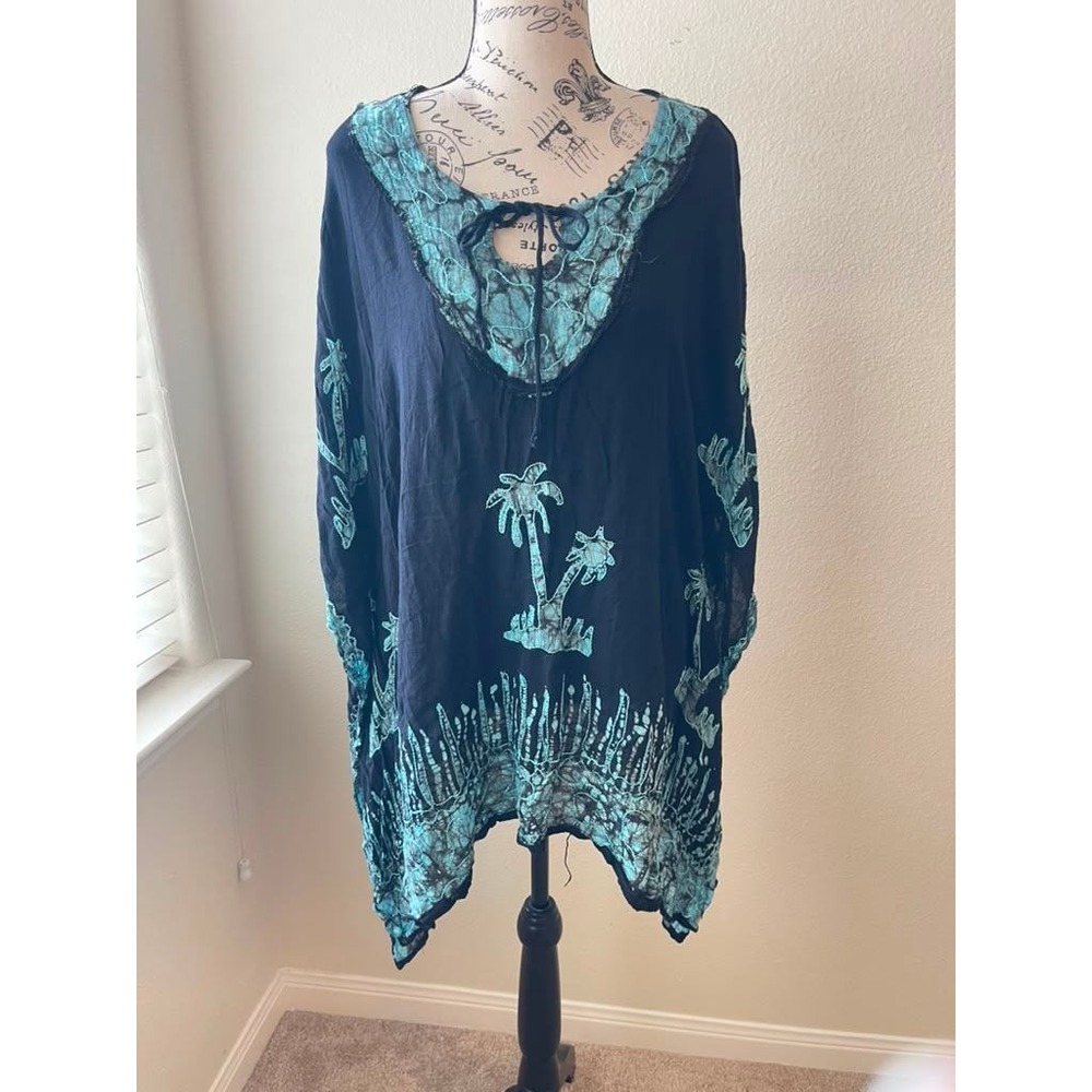 India Boutique Black Turquoise Batik Palm Tree Poncho Tunic Kaftan Free Size